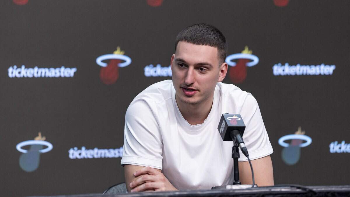 Miami Heat forward Nikola Jovic (5) participates in his team’s season-ending exit interviews at the Kaseya Center on April 16, 2026, in Miami.